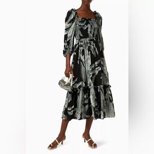 Elliatt Sz L Naxos Tropical Print Linen Tiered Vacation Tropical Maxi Dress